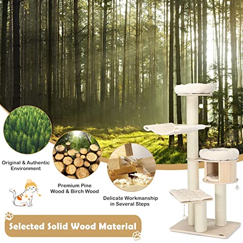 Image of Tangkula Modern Cat Tree, Multi-Level Large Cat Tower with Condo, Hammocks & Hanging Basket, Tall Cat Tree with Sisal Posts, Washable Cushions, Wood Cat Trees and Towers for Indoor Large Cats