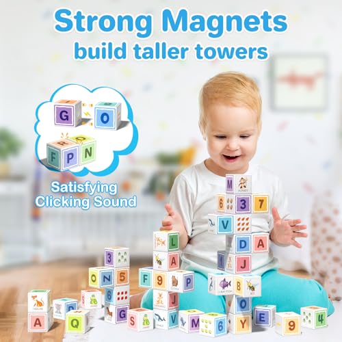 Image of Large Magnetic Blocks for kids ages 4-8-Toddler Toys,30pcs Big Magnet Building Blocks, STEM Sensory Travel Printed Montessori Toys for Boys&Girls, Learning Construction Magnetic Cubes for Gift