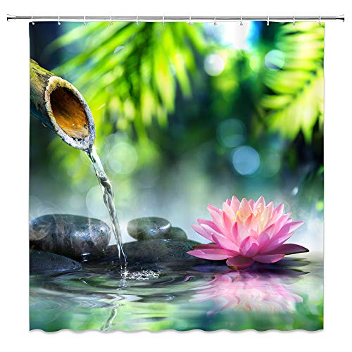 Feierman Spa Decor Shower Curtain Zen Stones Green Garden Pink Lotus Treatment Vacation Bathroom Accessories with Hooks 70x70Inches