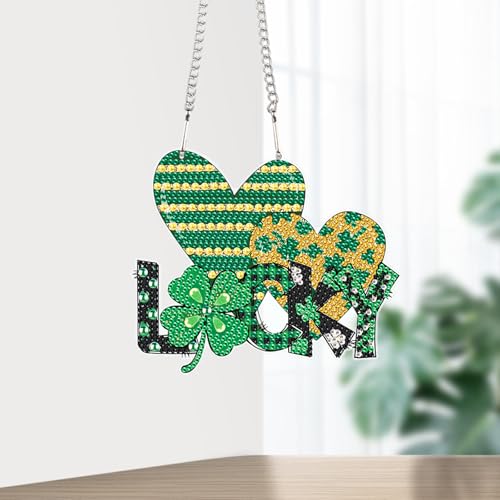 Image of DIY Diamond Painting Hanging Ornament - St. Patrick's Day Lucky Sign with Shamrock and Hearts, 5D Green Rhinestone Craft for Wall Door Festival Decor