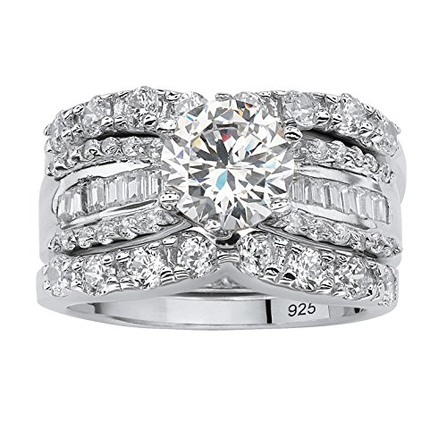 Platinum over Sterling Silver Round and Baguette Cubic Zirconia 3 Piece Bridal Ring Set Size 5