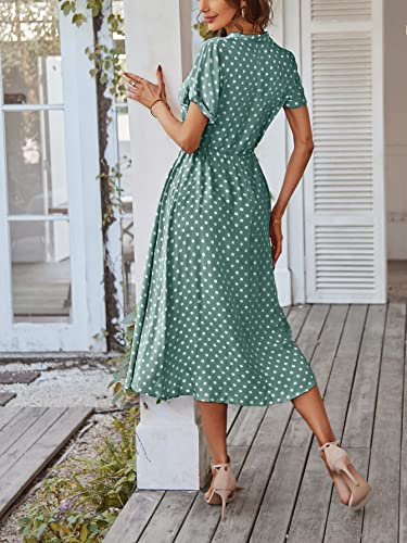 Milumia Women'S Drawstring Waist Button Front Short Sleeve Casual A Line Midi Dress Green Medium thumb #1