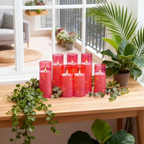 Image of Flameless Candles,with Embedded Star String, Battery Operated Candles Flickering LED Pillar Candles with Remote Control and Timer, Home Decoration Add a Warm and Romantic Atmosphere,Set of 7 (Pink)