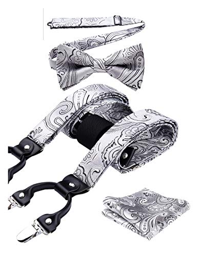 Suspenders for Men Adjustable Gray Paisley Floral Bowtie & Suspenders Pocket Square Sets Y Shape 6 Clips Wedding Party Braces Suspenders for Men Adjustable Gray Paisley Floral Bowtie & Suspenders Pocket Square Sets Y Shape 6 Clips Wedding Party Braces