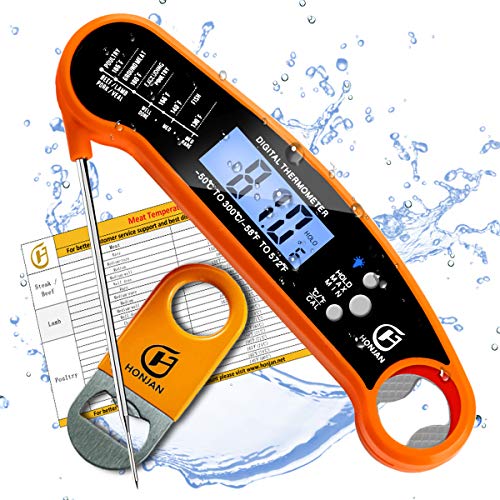 HONJAN Instant Read Food Thermometer Waterproof for Kitchen Cooking with Backlight and Calibration FeatureOrange