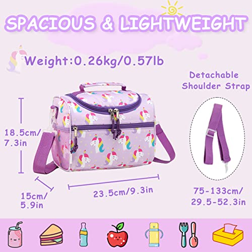 RAVUO Unicorn Lunch Bag for Girl 6.5L Insulated Cute Lunch Box for Kids Reusable Lunchbag Tote with Detachable Shoulder Strap Purple - Image 2