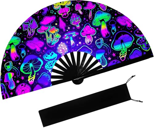 prario UV Glow Clack Handheld Fan with Fan Bag,Large Folding Hand Rave Fan,for Music Festivals,Carnival,Rainbow Outfits,Disco Party,Neon Party,Halloween,Burlesque,Drag Queen & Glow Party Decorations