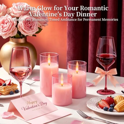 Image of Amagic Pink Glass Flameless LED Candles Battery Operated with Remote Timer | Real Wax Pillar Electric Candle, 3D Flickering Flame for Christmas Home Decor, Valentine's Day, Weddings, Set of 3(H4 inch5 inch6 inch)