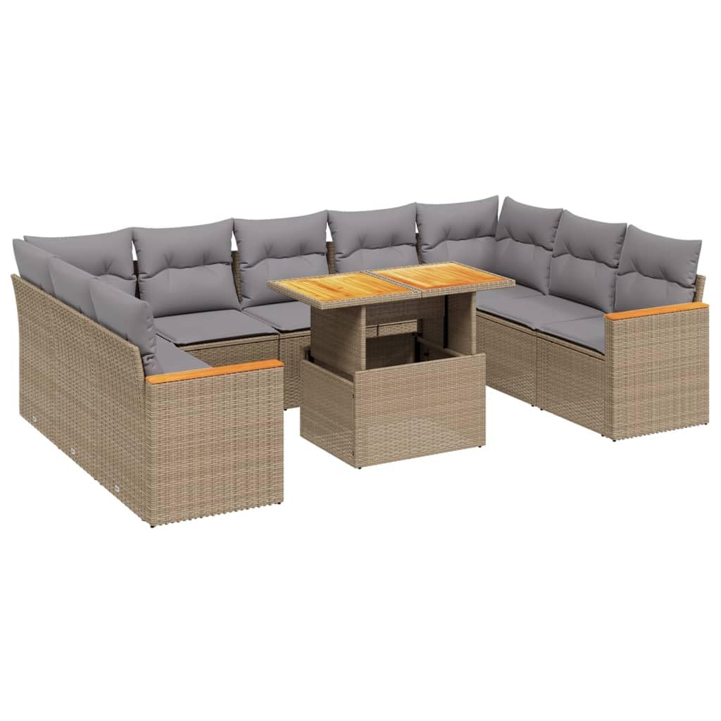 Set Divano da Giardino 10 pz con Cuscini Beige in Polyrattan,Set di Conversazione per Patio,Set Salotto da Esterno,Set Divano da Giardino Esterno-3273222