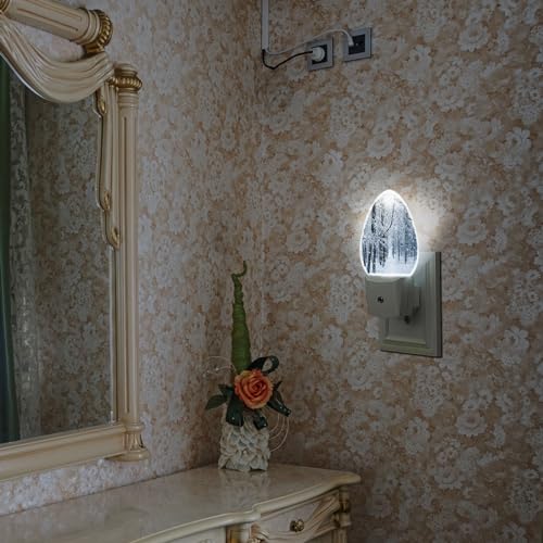 Image of Winter Night Light Snow Covered Trees LED Dusk to Dawn Plug-in Nightlight Auto Sensor for Bedroom Bathroom Hallway Living Room