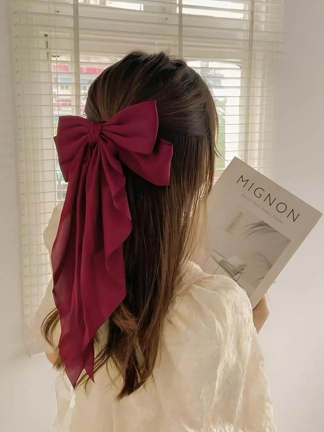Image of FilterFashion Hair Bow Women Satin Silky Layered Hair Barrettes with Big Ribbon Bow Clip for Women and Girls Large Vintage Hair Accessories French Style (White-black-maroon-3pcs)