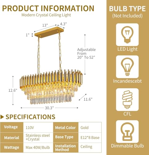 Image of Luxurious 800X300mm Gold Modern Chandelier with K9 Crystals | Warm White, Moonlight & Golden Light | Ceiling Hanging Light for Living Room, Dining Room, Bedroom, Hallway