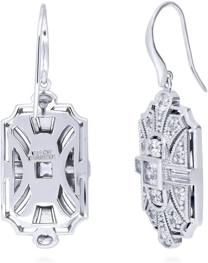 BERRICLE Sterling Silver CZ Dangle Earrings for Women, Trendy Simulated Diamond Cubic Zirconia Drop Earrings - Art Deco, Bar, Flower, Teardrop, Filigree Designs - Image 2