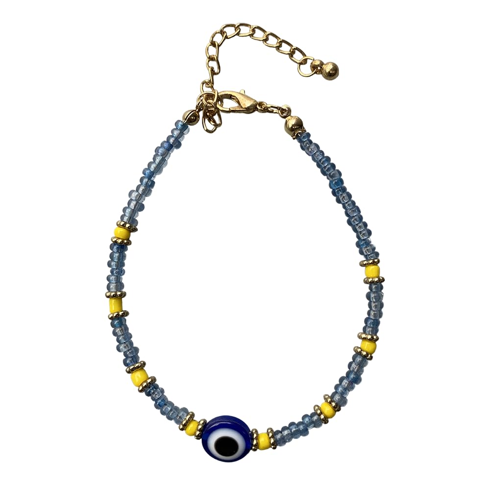 VIE Evil Eye Bracelet, Yellow Beads (Light Blue)