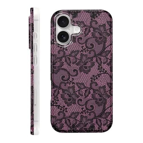 Coque iPhone 16 motif floral dentelle violette en silicone antichoc pour femme
