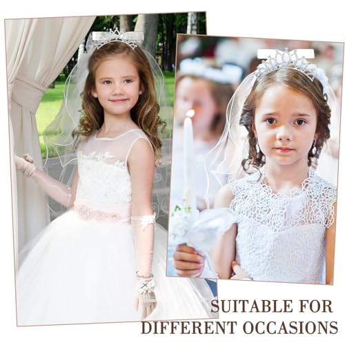 Girls First Communion Veils Set -Tiara,Veil,White Gloves,Cross Bracelet - Holy Communion Dress For Catholic Events Wedding Kids Parties4