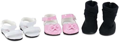 Emily Rose Ropa para muñecas: paquete de 3 zapatos de muñeca de 18 pulgadas, juego de regalo de valor: zapatos rosados, sandalias blancas y botas