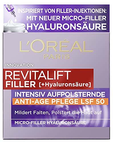L'Oréal Paris - Crema de día antiedad SPF 50 para mujer: hidrata la piel y combate el envejecimiento con 3 tipos de ácido hialurónico y SPF 50+, Revitalift Filler, 1 x 50 ml