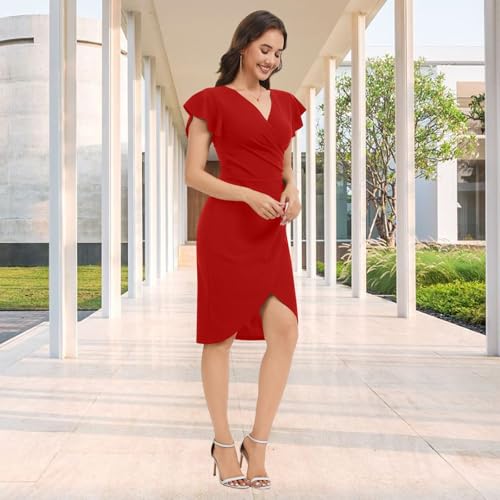 Image of shengfan Women's Sexy Deep V Neck Short Sleeve Ruched Waist Bodycon Wrap Cocktail Midi Dress