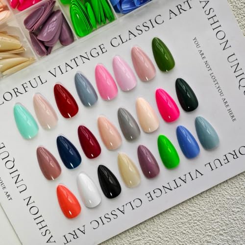 Image of 24 Colors Press on Nails Short Almond Fake Nails Pure Color Glue on Nails Reusable Artificial Acrylic Nail Solid Color Full Cover False Nails Glossy Stick on Nails for Women Manicure 576Pcs