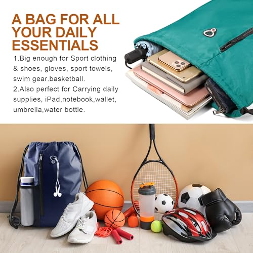 Image of BeeGreen Marrs Green Drawstring Backpack Gym Bag For Men & Women - Sports Sackpack with Mesh Water Bottle Holder & 2 Zippered Pockets - Large 16x20 Inch Cinch String Backpack