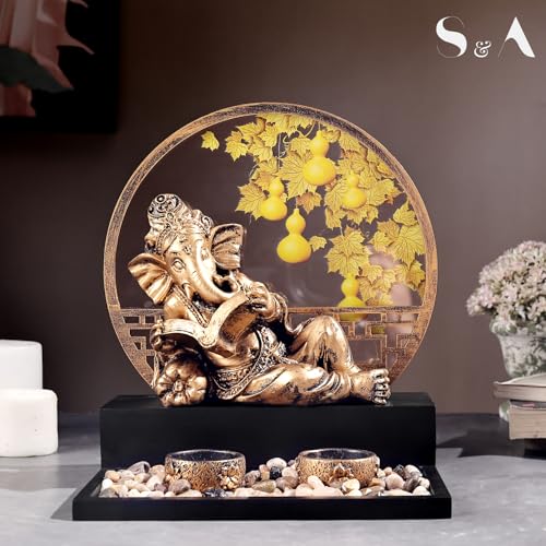 Image of S & A Antique Ganesha Idol with Backlit Design - Decorative Pooja Room & Home Decor Showpiece | Includes Diya & Pebble Arrangement | Festive & Gifting Accent | 26 cm
