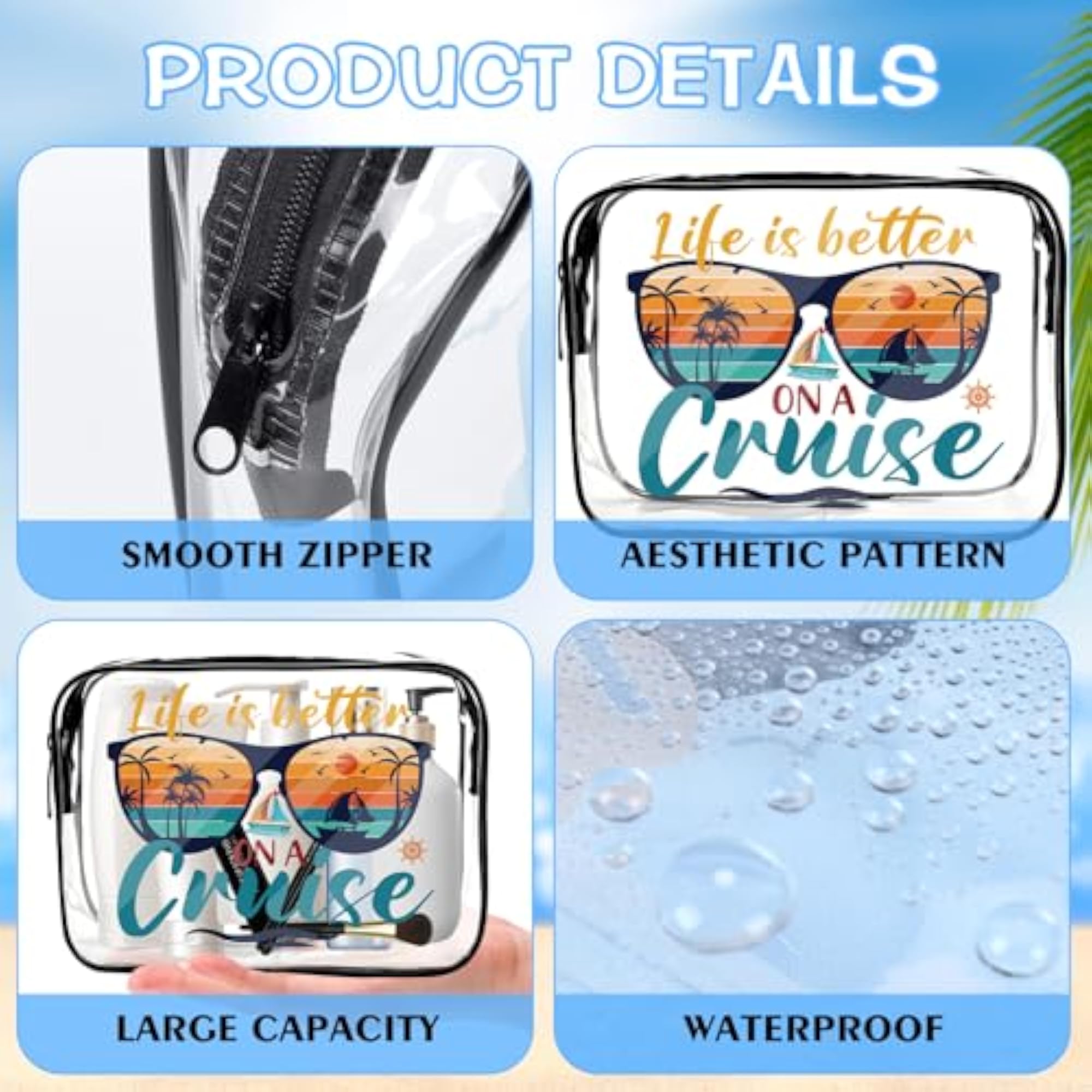 Cruise Ship Essentials Makeup Bag Set, 6Pcs Clear Bags