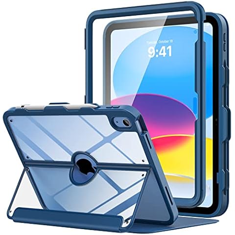 MoKo for iPad 10th Generation Case with Pencil Holder, iPad Case 10th Generation 2022 10.9", Built-in Screen Protector Clear Back, Stain Resistant Multi Angle Viewing Stand, Auto Wake/Sleep, Navy Blue Cover