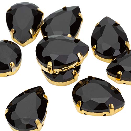 Choupee Sew On Rhinestone Tear Drop Crystal Rhinestones in Gold Setting 48 Pcs (Black, 13 X 18 MM)