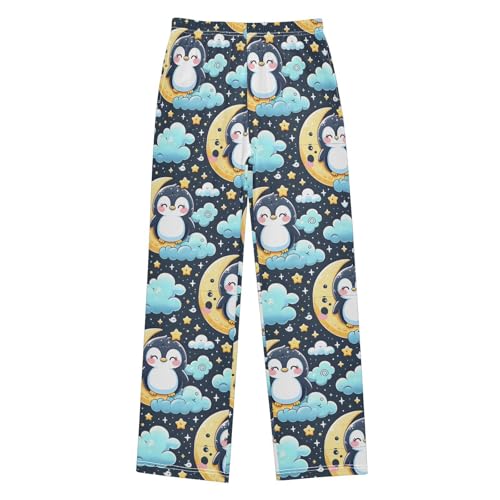 Cute Penguin on Moon and Star Pajamas Bottoms with Pockets Comfy Pjs Sleepwear Elastic Waistband Pajamas Pants Lounge Pants for 6-14 Years