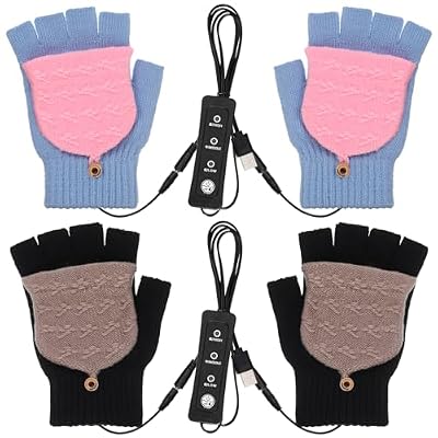 JaGely 2 Pairs USB Heated Gloves Mitten for Men Women Hand Winter Warmer with Temperature Adjustment Knitting Full Half Hands Heated Fingerless Washable Warm Laptop Gloves