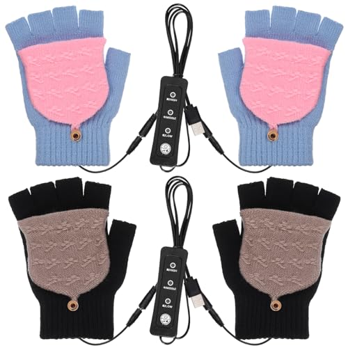 JaGely 2 Pairs USB Heated Gloves Mitten for Men Women Hand Winter Warmer with Temperature Adjustment Knitting Full Half Hands Heated Fingerless Washable Warm Laptop Gloves