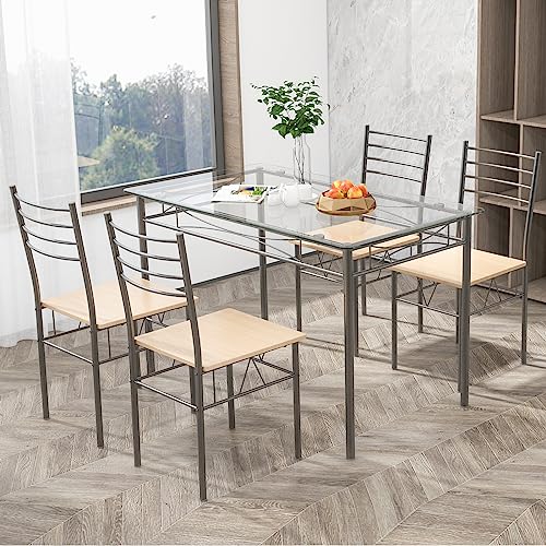 Giantex 5 Piece Dining Table Set, Kitchen Dining Set with Tempered Glass Table Top and 4 Chairs, Dinette Set for 4 for Breakfast Nook Dining Room Kitchen (Transparent) - Image 3