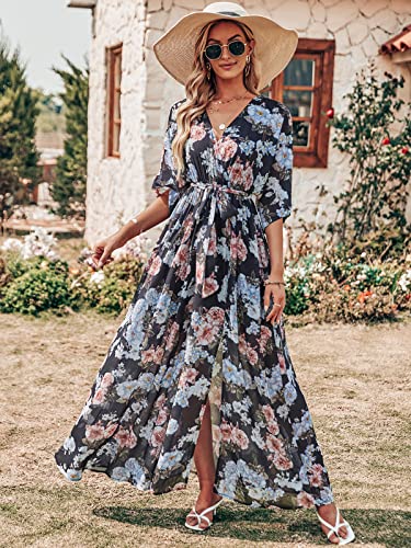 Image of ANRABESS Womens Boho Floral Wedding Guest Maxi Dress | Flowy A-Line Chiffon with Slit, Elegant V Neck Wrap Elastic Waist, Casual 1 /2 Sleeve Spring Summer Outfits, Tea Party