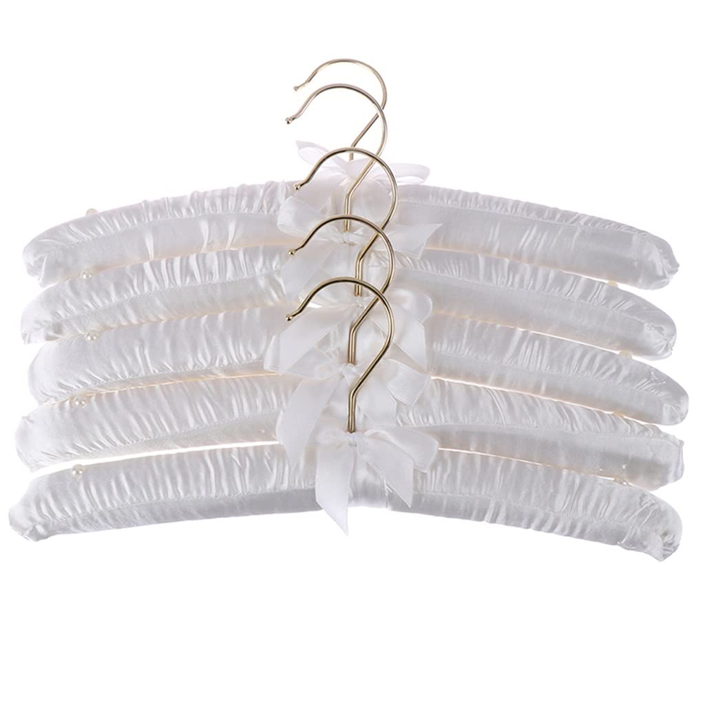 MOBYGKFY 5pcs 38cm Beige/White Satin Padded Top Hanger Clothes Coat Hanger Gold Hooks(Beige)