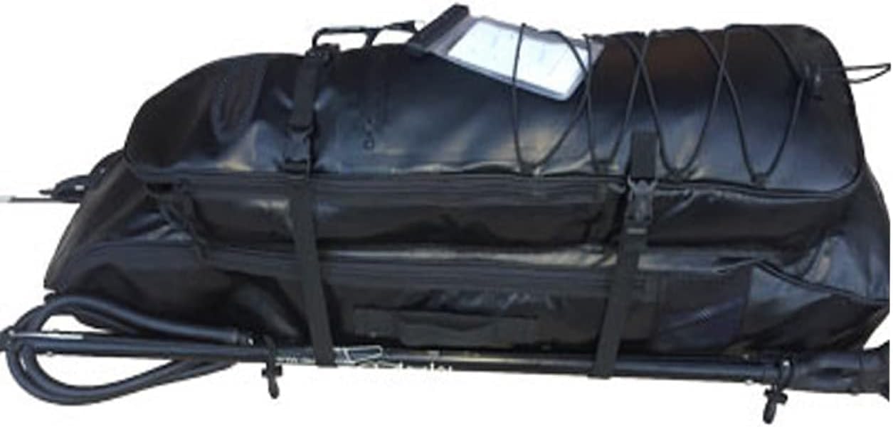 This is a black backpack designed for spearfishing and freediving with longfins. It features a cooler compartment and measures 43x12x8 inches.
