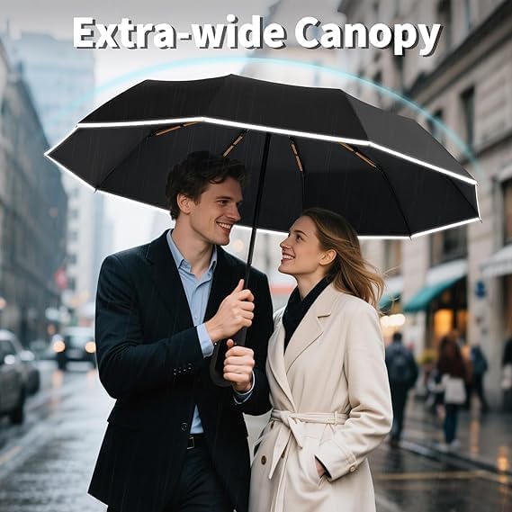 Image of SUBEKYU Windproof Travel Umbrella with Automatic Open & Close | Strong Metal Rain Umbrella for Men & Women | anti-slip grip Holder with Wall Mount Hanging & Foldable (White)