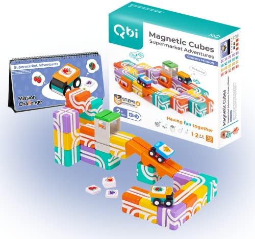 QBI Toy Supermarket Adventures: Grocery Mission, Magnet Building Tiles, 3D Colorful Magnetic Blocks Construction Educational STEM Toys for 2+ Year Old Boys & Girls Montessori Game (32 Pieces)