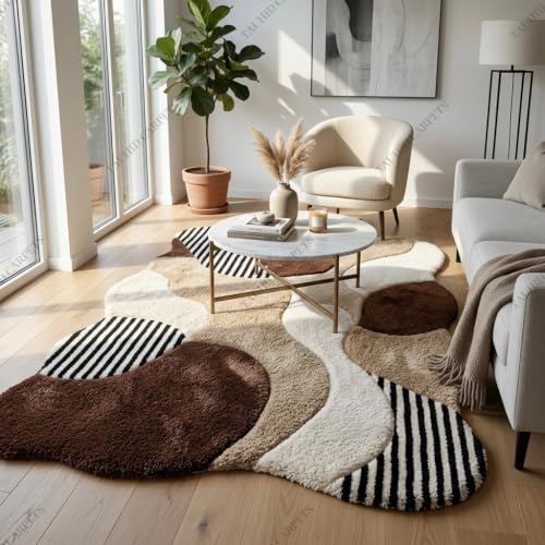 Image of Tauhid Carpet Super Soft Microfiber Shaggy Area Rug | Modern Irregular Abstract Beige Brown & Ivory Plush Carpet | Fluffy Floor Rug for Living Room, Bedroom 6 x 8 Feet.