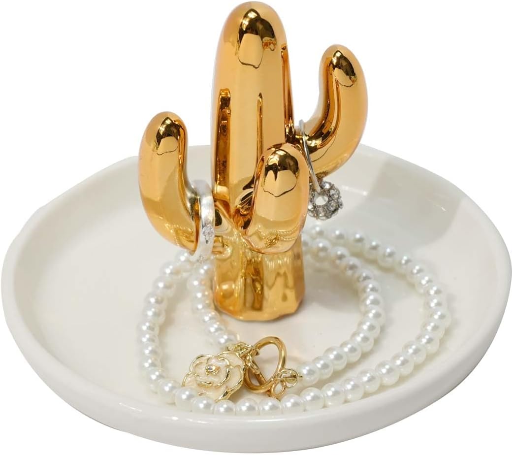 Ceramic Cactus Ring Holder with White Dish Cactus Ring Dish Trinket Tray for Rings,Earrings,Jewelry Organizer, Gifts for Women (Cactus-B)