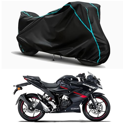 Image of Waterproof Bike Body Cover Compatible for | Suzuki Gixxer SF BS6 | Taffeta Fabric, Sky Piping Design, Bottom Elastic Fit | Dustproof, Sun UV & Rain Protection for All Weather.