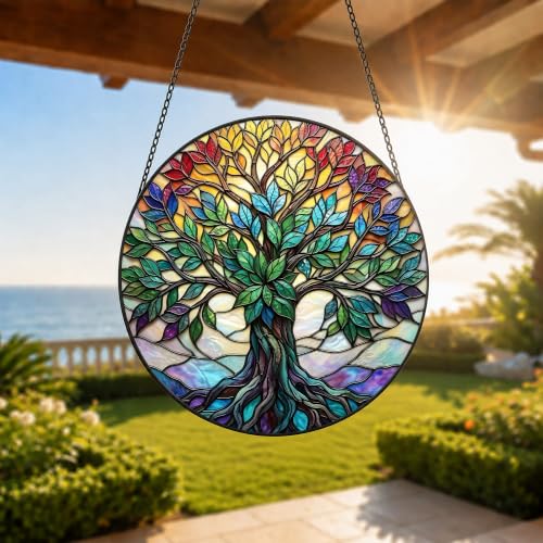 Stained Glass Window Hanging, Tree of Life 3D Embossed Diamond Glass S - image 4