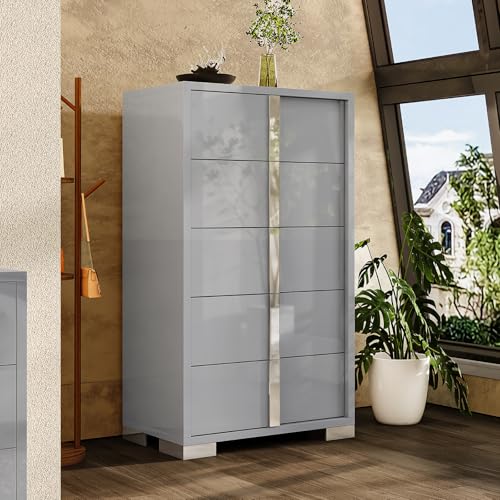 Image of AMERLIFE 50.2 inch H Modern 5 Drawer Dresser, Glossy Surface Chest of Drawers, Large Storage Organizer for Bedroom, Living Room, Cloakroom, Luxury, Light Grey
