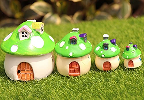 Cute 4Pcs Sizes Miniature Ornaments Set Resin Mini Mushroom House For Figurine Fairy Garden Craft Bonsai Terrarium Decor Micro Landscape Decoration Moss Dollhouse (Green)