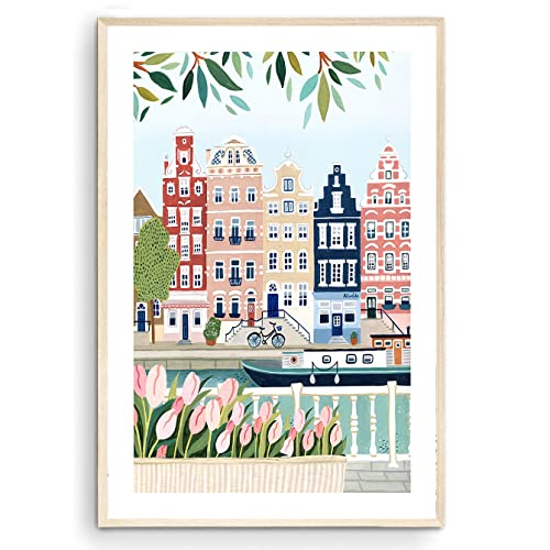 Nationcog Impression d'art d'Amsterdam – Impression Pays-Bas, art mural, tulipes, impression de voyage, poster – Cadeau de pendaison de crémaillère (sans...