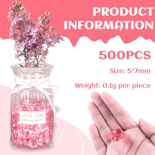 VEOIRXU 500 Stück Klare Eeiswürfel, Acrylique Eiswürfel, Deko Diamanten, Klare Edelsteine, Wiederverwendbar Deko Steine Kristall zur Dekoration, Zubehör, Hochzeit, Party, Aquarien, Vasen (5x7mm, Rosa)