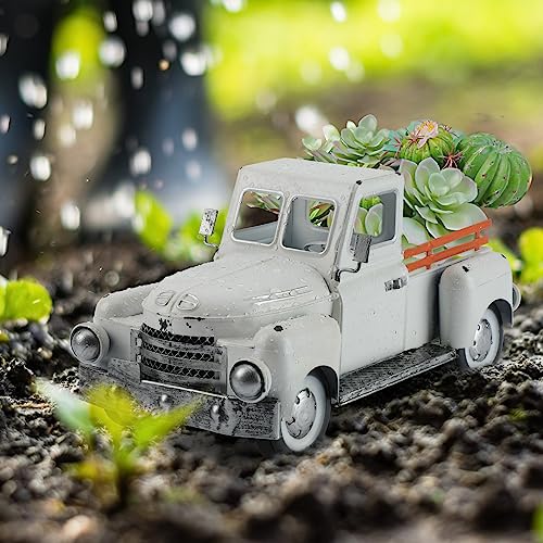 Farmhouse-White-Truck-Decor-Vintage-Metal-Truck-DecorRustic-OutdoorIndoor-Pickup-Truck-PlanterDecorative-Tabletop-Storage-Farm-Table-Trucks-Decor-Car-Model-Gift