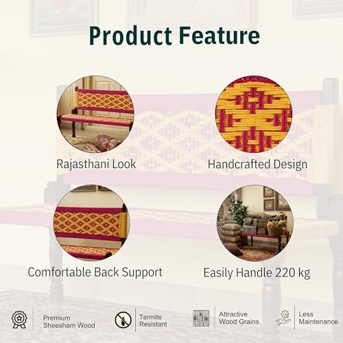Image of Srima Wooden Bench for Living Room | Handcrafted Sheesham Wood Backrest Bench for Balcony & Garden | Traditional Rajasthani Patio for Outdoor with Cotton Handwoven Rope | Pink and Yellow