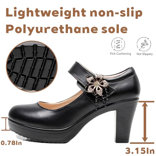 Women's Leather Platform High Chunky Heel Dress Mary Jane Pumps with Adjustable Flowers Hook and Loop Fashion Closed Round Toe Comfortable Non-Slip Waterproof Pump Shoes for Formal Wedding Party Work3