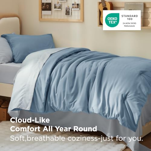 Image of Bedsure Twin XL Comforter Set for College Dorm- Extra Long 5 Pieces Grayish Blue Twin XL Bedding Set for All Seasons, Boho Contrasting Design Bed in a Bag with Comforter, Sheets, Pillowcase & Sham